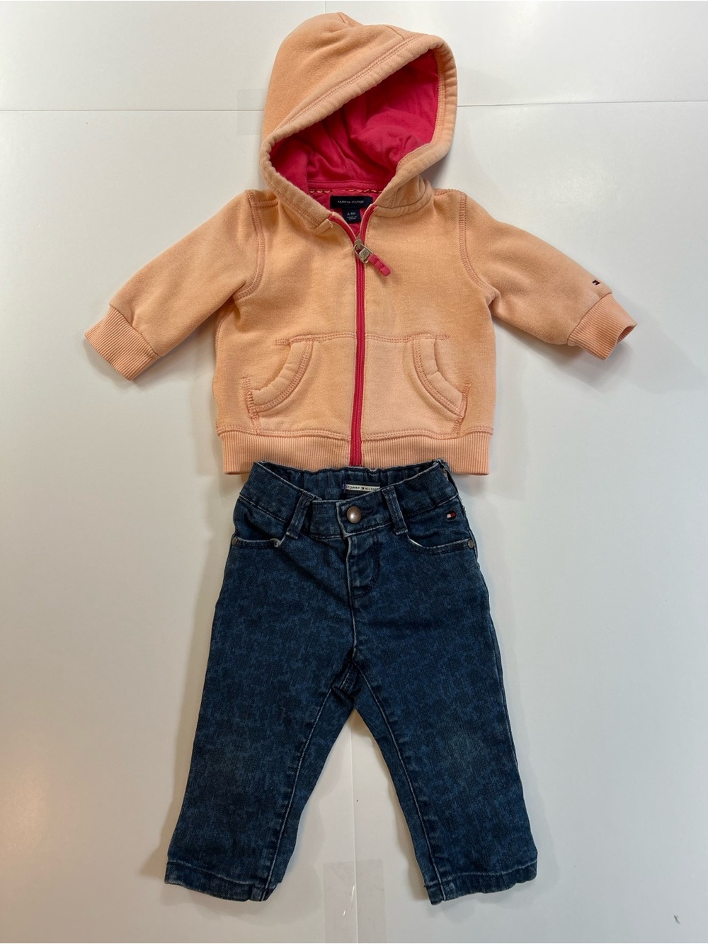 Peach Hooded Zip Sweatshirt and Dark Denim Kids Bottoms Set